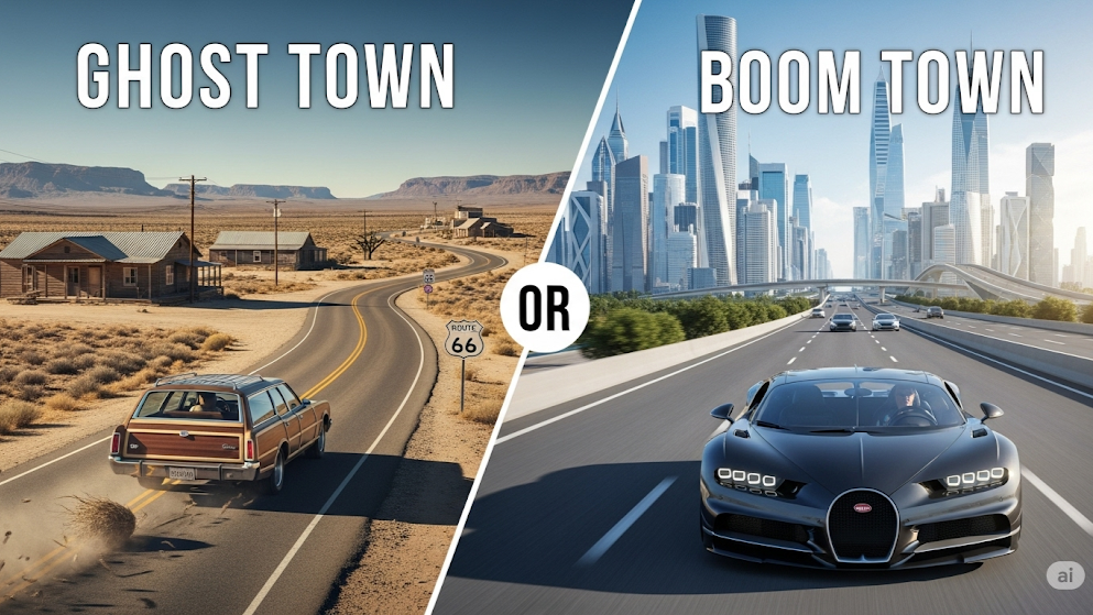A station wagon on Route 66 contrasted with a supercar on a modern highway.